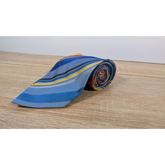 Vintage Wembley Necktie 1960s 1970s Wide Striped Tie – Blue, Red & Yellow - Picture 1 of 3